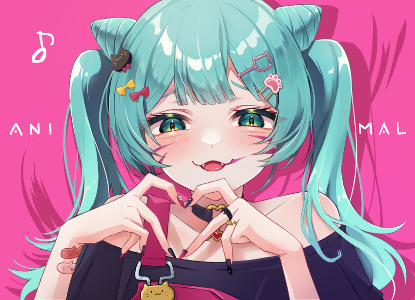 1girl animal_(vocaloid) animal_ears black_shirt blue_hair cat_hair_ornament choker facial_mark fangs hair_ornament hairclip hatsune_miku heart highres jewelry long_hair looking_at_viewer nail_polish off_shoulder open_mouth shirt soda_dokka_ikou solo twintails vocaloid