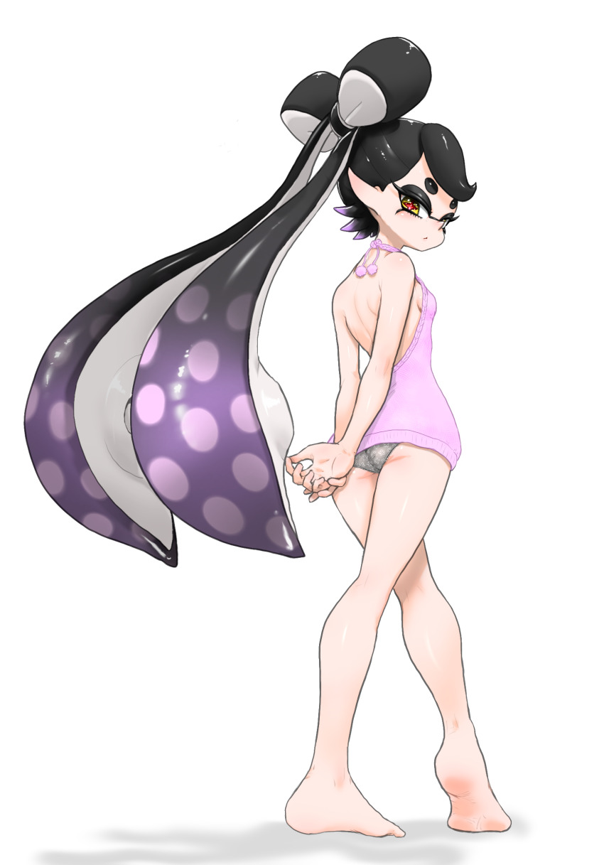 1girl arms_behind_back ass bare_shoulders barefoot black_hair bow-shaped_hair breasts callie_(splatoon) expressionless flat_ass from_behind full_body gradient_hair grey_panties halterneck heel_up highres holding_own_hand inkling koharu2.5 light_blush long_hair long_pointy_ears looking_at_viewer looking_back median_furrow meme_attire multicolored_hair nintendo panties pink_polka_dots pointy_ears pointy_nose polka_dot polka_dot_hair pom_pom_(clothes) print_panties purple_hair red_pupils simple_background small_breasts solo splatoon_(series) star-shaped_pupils star_(symbol) star_print symbol-shaped_pupils tentacle_hair thick_eyebrows underwear very_long_hair virgin_killer_sweater white_background yellow_eyes