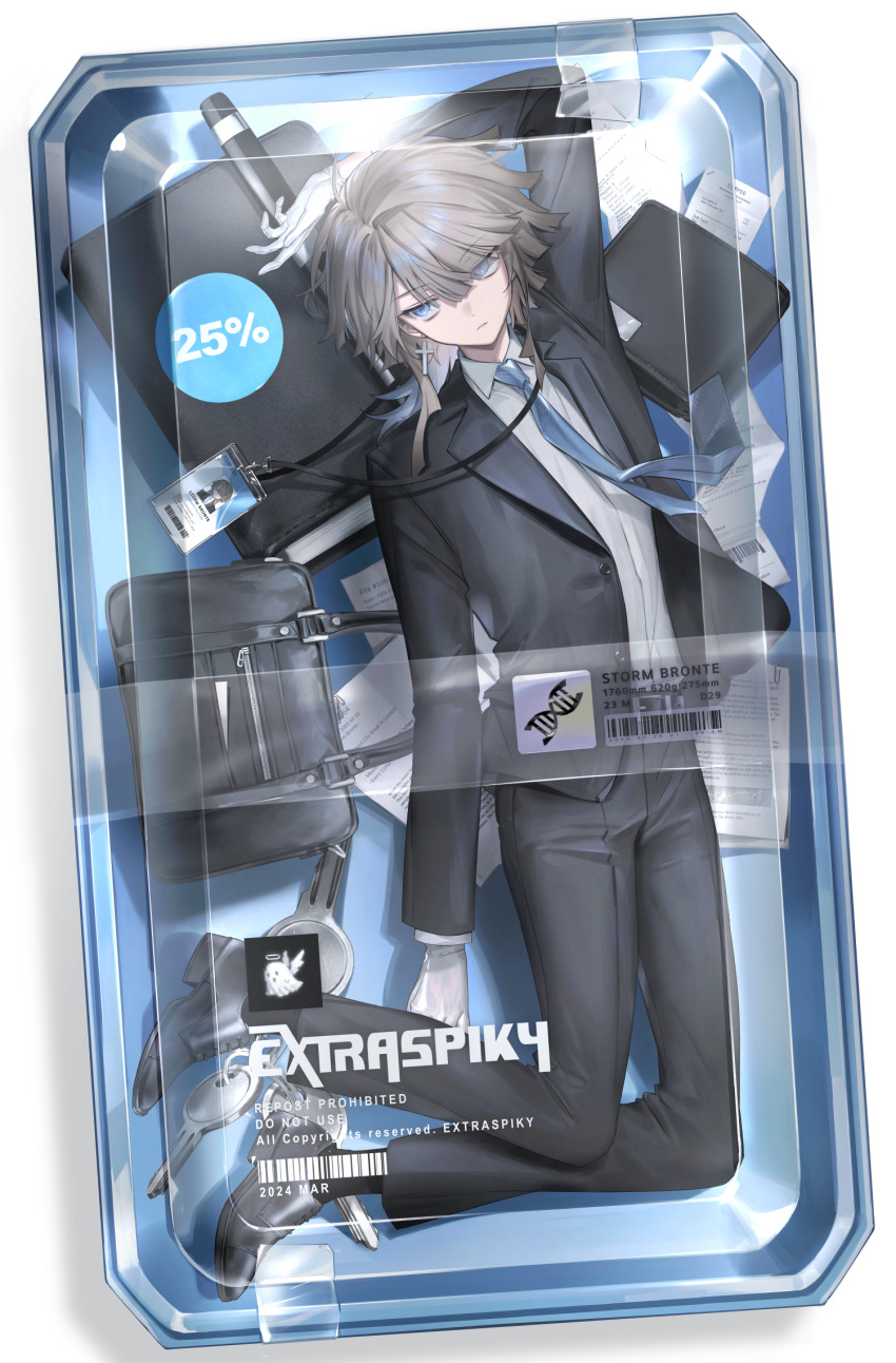 1boy artist_name barcode black_bag black_jacket black_pants black_shoes black_suit blue_eyes blue_necktie box closed_mouth collared_shirt commentary_request container cross cross_earrings dna earrings expressionless extraspiky formal_clothes full_body ghost gloves grey_hair highres in_container jacket jewelry key long_hair long_sleeves looking_at_viewer male_focus necktie original pants shirt shoes solo suit white_shirt