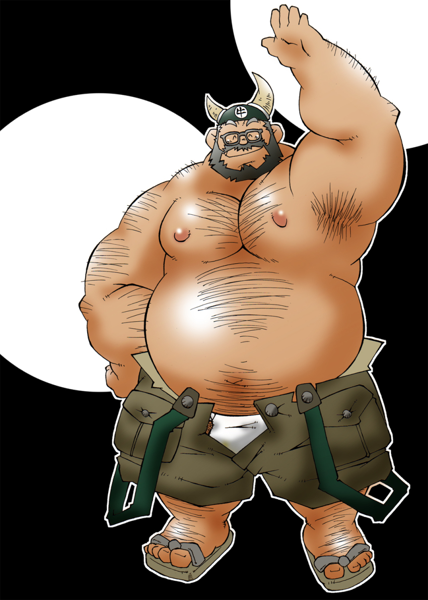 1boy armpit_hair armpits bara beard big_belly black_hair cargo_shorts connected_beard dragon_ball dragon_ball_(classic) facial_hair fake_horns fat fat_man foot_hair fujishima_takashi_ta full_beard glasses gyuu_mao hairy highres horned_headwear horns large_pectorals male_focus male_underwear male_underwear_peek mature_male muscular_arms navel navel_hair nipples open_clothes open_shorts pectorals short_hair shorts solo sparse_chest_hair standing stomach thick_arm_hair thick_beard thick_leg_hair thick_navel_hair topless_male underwear waving white_male_underwear