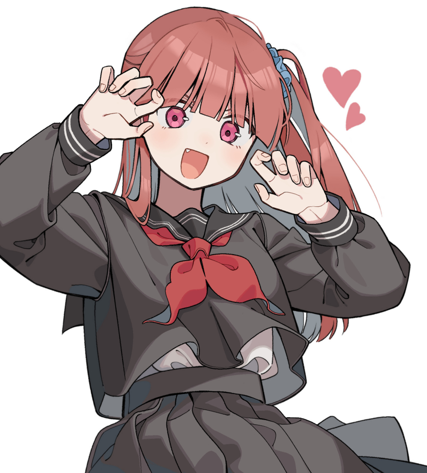 1girl black_serafuku black_shirt blunt_bangs claw_pose commentary fang fingernails hair_ornament hair_scrunchie hands_up heart highres korean_commentary long_hair looking_at_viewer nana_0253 neckerchief nire_hikari one_side_up open_mouth pink_eyes pleated_skirt red_hair red_neckerchief school_uniform scrunchie serafuku shirt shirt_tucked_in simple_background skirt straight_hair undershirt upper_body upshirt white_background world_trigger