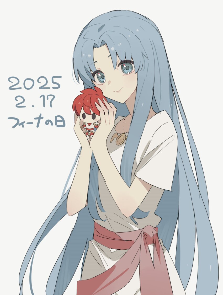 1girl adol_christin ancient_ys_vanished blue_eyes blue_hair character_doll closed_mouth curtained_hair dated dress feena_(ys) george_man gold_necklace hashtag-only_commentary highres jewelry long_hair looking_at_viewer necklace red_sash sash simple_background smile solo translation_request very_long_hair white_background white_dress ys