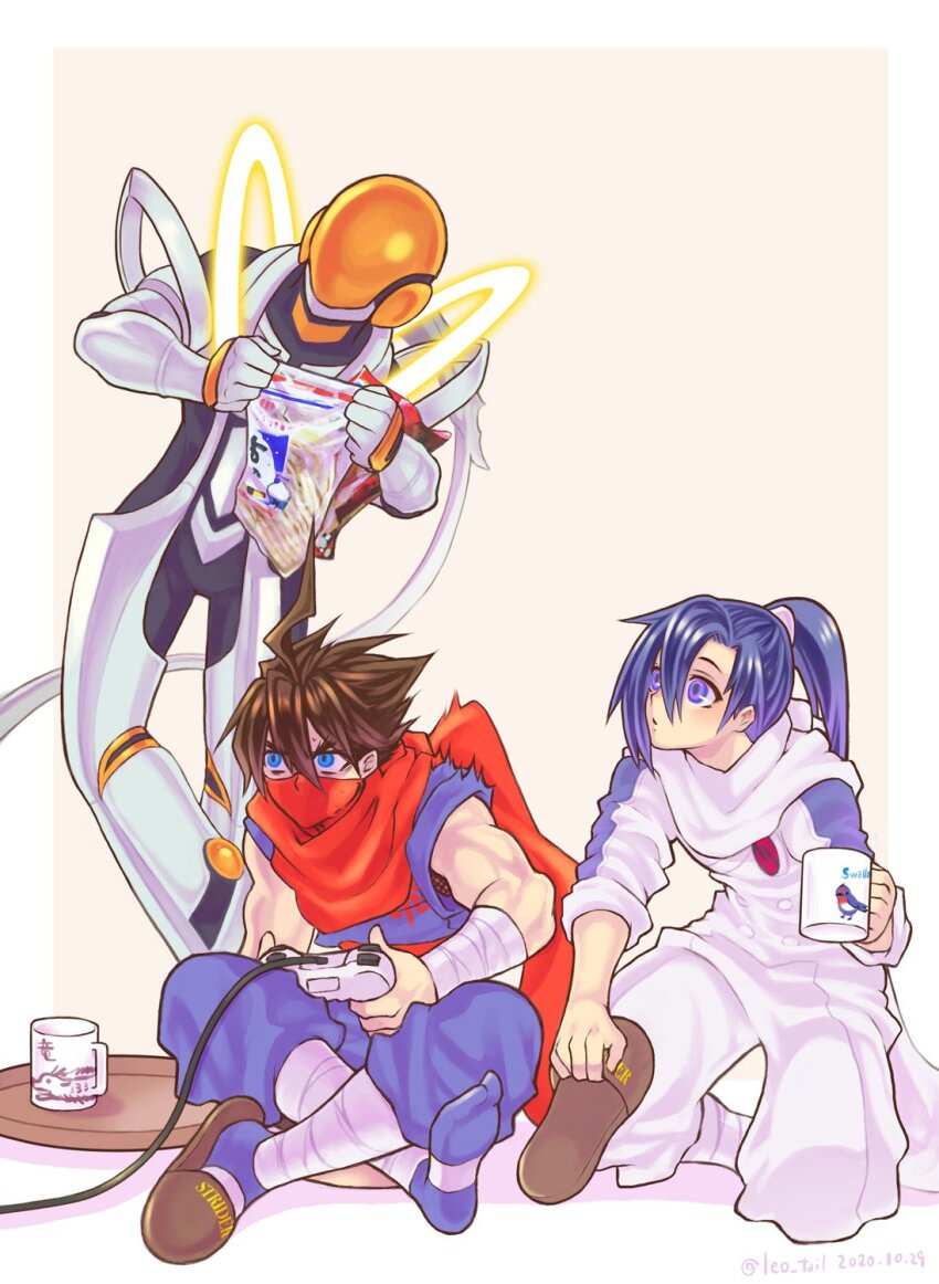 3boys :o ahoge blue_hair brown_hair controller cup dated game_controller hair_between_eyes highres holding holding_controller holding_cup holding_game_controller indian_style kneeling leo_tail long_hair looking_ahead looking_at_another male_focus mask mouth_mask mug multiple_boys playing_games ponytail red_mask red_scarf scarf short_hair sitting slippers solo_(strider) strider_(video_game) strider_hien strider_hiryuu twitter_username white_scarf