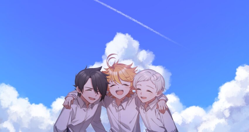 black_hair blonde_hair blue_sky closed_eyes cloud collared_shirt commentary_request day emma_(yakusoku_no_neverland) hair_over_one_eye hand_on_another&#039;s_shoulder korean_commentary long_sleeves meua_2 norman_(yakusoku_no_neverland) open_mouth outdoors ray_(yakusoku_no_neverland) shirt sky smile teeth upper_body upper_teeth_only white_hair white_shirt yakusoku_no_neverland
