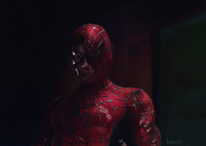 1boy absurdres artist_name bodysuit brown_eyes brown_hair commentary english_commentary frown highres looking_down making-of_available male_focus marvel neoruke peter_parker realistic red_bodysuit solo spider-man spider-man_(series) spider-man_1_(2002) spider_web_print torn_bodysuit torn_clothes torn_mask