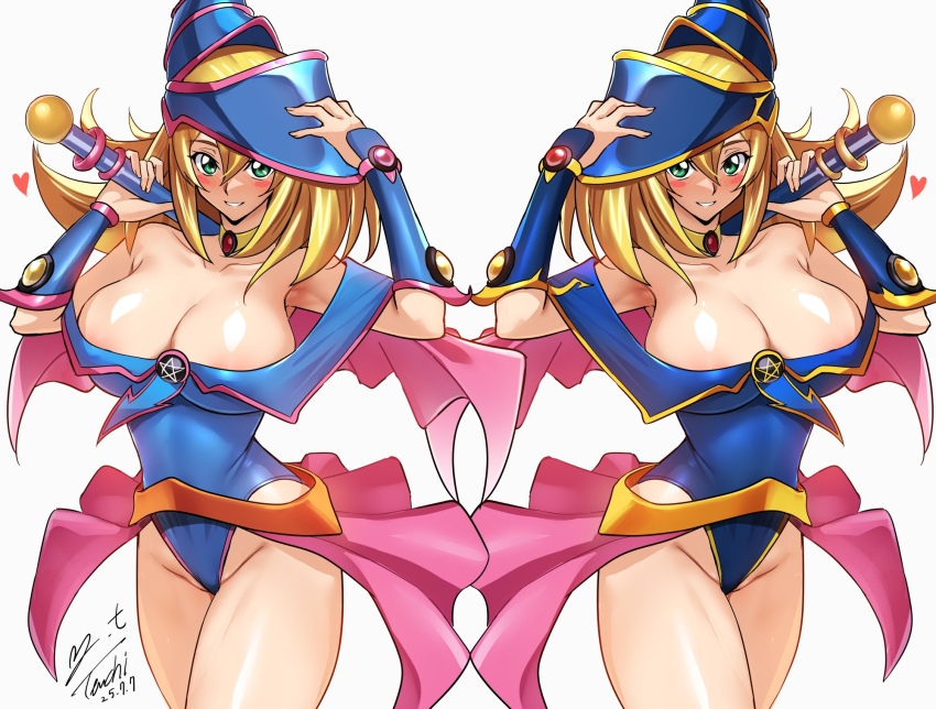 2girls bare_shoulders blonde_hair blue_hat blue_leotard blush blush_stickers bracer breasts cape cleavage collarbone commentary dark_magician_girl dated dual_persona duel_monster gem green_eyes groin hair_between_eyes hand_on_headwear hat heart highres holding holding_wand large_breasts leotard long_hair looking_at_viewer multicolored_leotard multiple_girls pentacle phrygian_helmet pink_cape pink_gemstone pink_hat pink_leotard pink_skirt pink_trim red_gemstone showgirl_skirt signature simple_background skirt smile thighs two-tone_hat two-tone_leotard wand white_background wizard_hat yellow_collar yellow_gemstone yoo_tenchi yu-gi-oh!