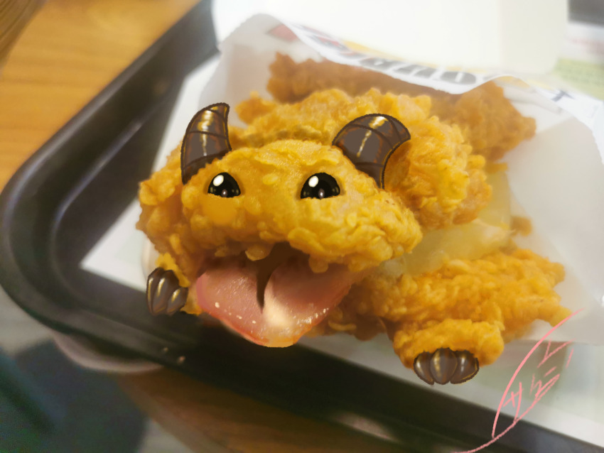 animal_focus artist_name bag black_eyes blurry blurry_background chicken_(food) food food-themed_creature food_focus fried_chicken highres league_of_legends looking_at_viewer no_humans open_mouth paper_bag photo_background poro_(league_of_legends) sakura_arashi signature solo tongue tongue_out tray