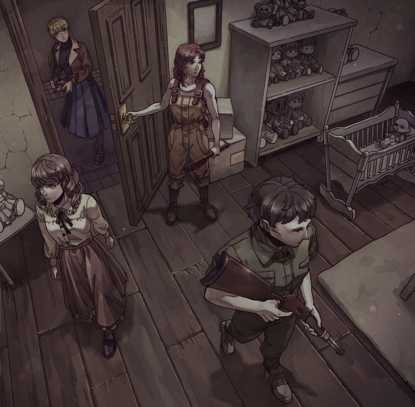 1boy 3girls abella_(fear_&amp;_hunger) absurdres black_hair black_ribbon black_shirt blonde_hair blue_dress bomber_jacket box brown_dress brown_jacket camera character_doll commentary crib doll dress fear_&amp;_hunger_(series) fear_&amp;_hunger_2:_termina full_body green_jumpsuit gun highres holding holding_camera holding_gun holding_weapon jacket jewelry jumpsuit karin_(fear_&amp;_hunger) levi_(fear_&amp;_hunger) long_hair long_skirt marina_(fear_&amp;_hunger) multiple_girls opening_door overalls pants pink_skirt pipe_wrench ponytail red_hair ribbon shirt short_hair skirt stuffed_toy toy weapon wenny02 white_shirt wooden_door wrench yellow_overalls