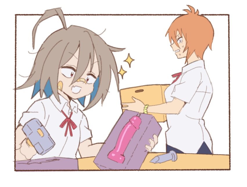 2girls ahoge bandaid bandaid_on_face bandaid_on_nose colored_inner_hair dildo do_it_yourself!! fang hammer heiyuu! highres light_brown_hair messy_hair multicolored_hair multiple_girls orange_hair penis school_uniform sex_toy short_hair simple_background skin_fang sparkle white_background yasaku_rei yua_serufu