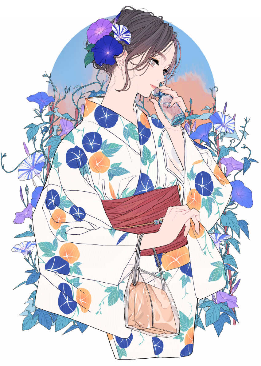 1girl absurdres bag black_hair brown_eyes closed_mouth commentary_request cowboy_shot cropped_legs drink eyelashes floral_print flower hair_flower hair_ornament handbag highres holding holding_drink japanese_clothes keiko_(um7mr1) kimono lips lipstick makeup morning_glory obi original ramune sash short_hair smile solo white_kimono wide_sleeves yukata