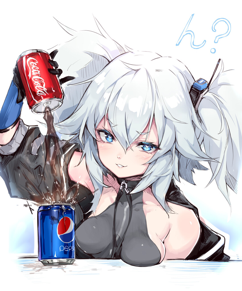 1girl 2019 absurdres bare_shoulders blue_eyes breast_rest breasts bright_pupils can coca-cola collarbone drink_can female_focus girls&#039;_frontline gloves heart heart-shaped_pupils heresy highres pa-15_(girls&#039;_frontline) parted_lips pepsi shanyao_jiang_tororo short_twintails simple_background small_breasts smirk soda soda_can solo symbol-shaped_pupils twintails upper_body white_background white_pupils