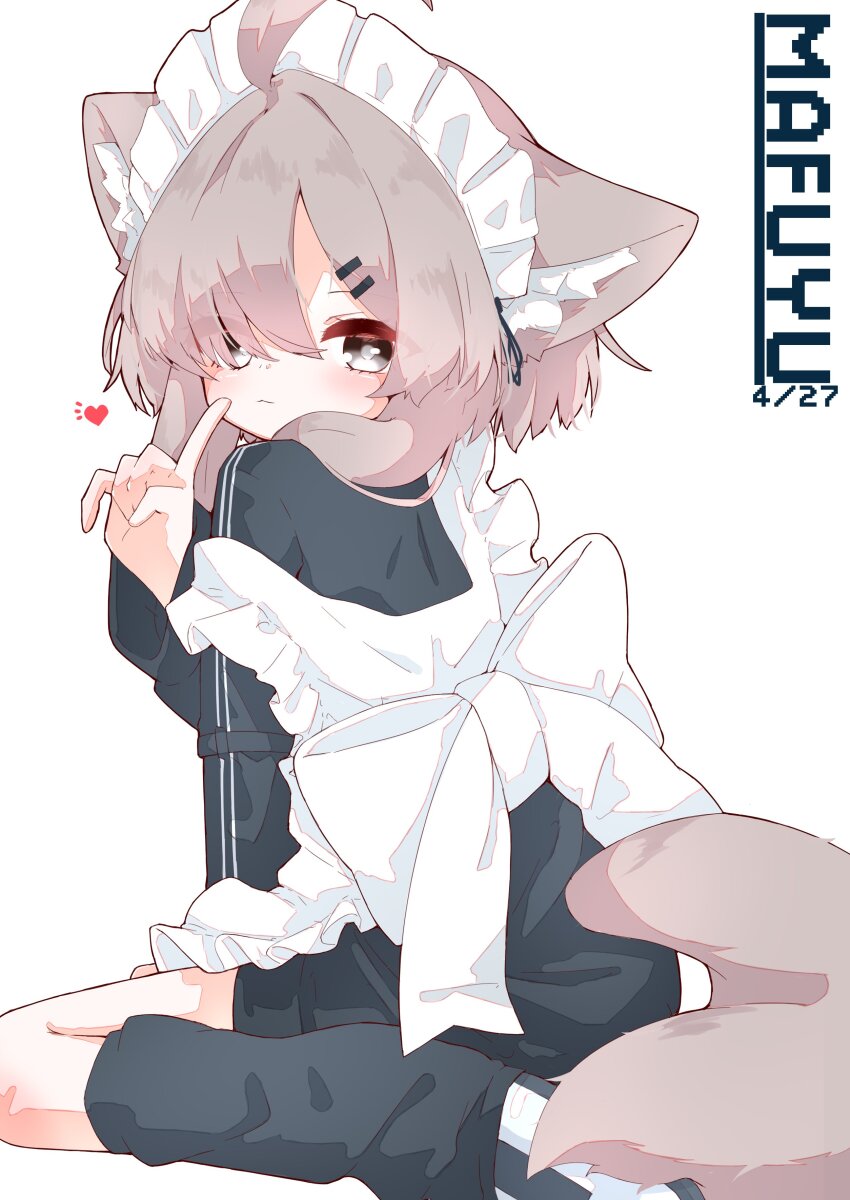 1girl absurdres ahoge animal_ear_fluff animal_ears apron black_jacket black_shoes black_shorts black_socks blush bow brown_eyes brown_hair closed_mouth finger_to_mouth frilled_apron frills from_behind grey_eyes grey_hair hair_ornament hair_over_one_eye hairclip hand_up heart highres index_finger_raised jacket leg_warmers long_sleeves looking_at_viewer looking_back loose_socks mafuyu_(vrchat) maid maid_apron maid_headdress rano_u_rabe shoe_soles shoes shorts simple_background sitting sleeves_past_wrists socks solo strap_slip tail track_jacket unconventional_maid vrchat wariza white_apron white_background white_bow wolf_ears wolf_girl wolf_tail