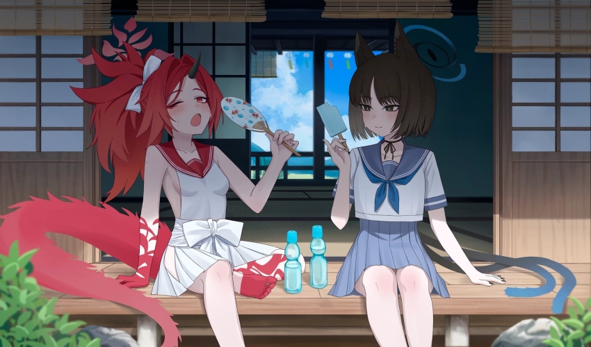animal_ear_fluff animal_ears black_eyes black_hair blue_archive blue_halo blue_neckerchief blue_skirt blue_sky body_markings bow breasts cat_ears cat_girl cat_tail day doumu_(31678316) dragon_girl dragon_tail eyeshadow food hair_bow halo hand_fan highres horns kikyou_(blue_archive) makeup multiple_tails neckerchief outdoors ponytail popsicle ramune red_eyes red_eyeshadow red_sailor_collar red_tail renge_(blue_archive) sailor_collar school_uniform serafuku sideboob sideless_shirt single_horn skirt sky summer sweat tail tatami two_tails white_skirt wind_chime wooden_floor