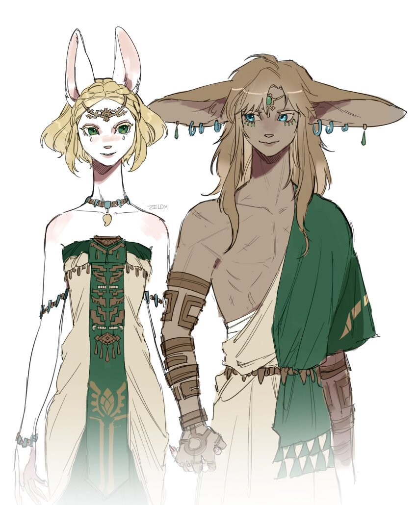 1boy 1girl animal_earrings animal_ears aqua_eyes armlet bare_shoulders blonde_hair bracelet braid brown_fur circlet claws couple crown_braid dress earrings fingernails furry furry_female furry_male green_dress green_eyes green_sash hetero highres holding_hands interlocked_fingers jewelry link long_hair multicolored_dress multiple_earrings nintendo parted_bangs pendant_choker princess_zelda sash sharp_fingernails short_hair single_bare_shoulder teardrop_facial_mark the_legend_of_zelda the_legend_of_zelda:_tears_of_the_kingdom toga upper_body wavy_hair white_dress white_fur zeldm zonai
