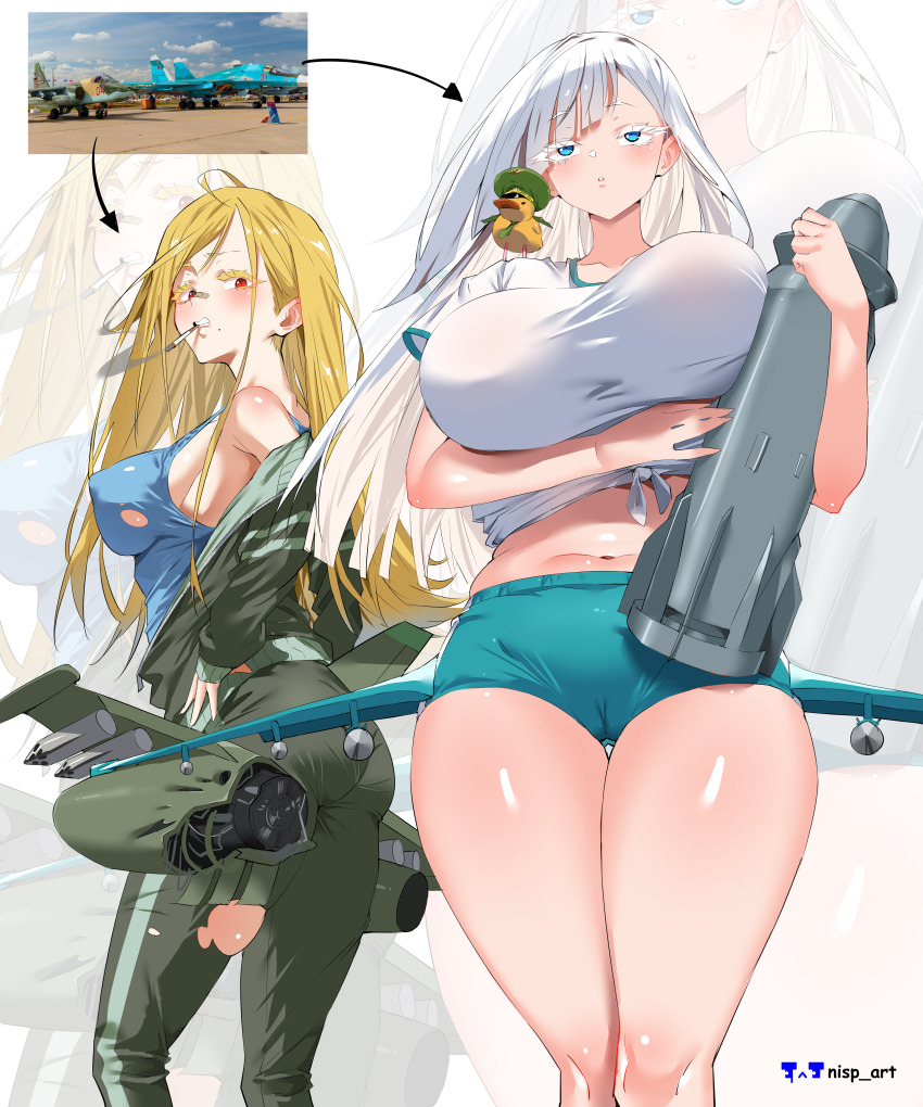 2girls absurdres artist_name bandaid bandaid_on_face bandaid_on_nose bird blonde_hair blue_eyes breasts cameltoe cigarette colored_eyelashes duck highres large_breasts multiple_girls navel nisp_art original personification red_eyes reference_inset white_background white_eyelashes white_hair