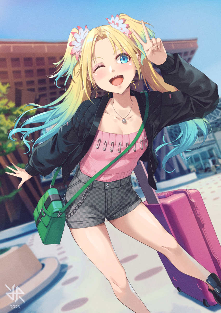 1girl 2023 artist_logo bag black_footwear black_jacket blonde_hair blue_eyes blue_hair blue_sky breasts checkered_clothes checkered_shorts commentary_request flower gradient_hair grey_shorts hair_flower hair_ornament highres hiroki_ree jacket jewelry link!_like!_love_live! logo long_hair long_sleeves love_live! multicolored_hair necklace one_eye_closed open_clothes open_jacket open_mouth osawa_rurino osawa_rurino_(summer_casual) pink_shirt safety_pin shirt shorts shoulder_bag sky small_breasts smile solo twintails v