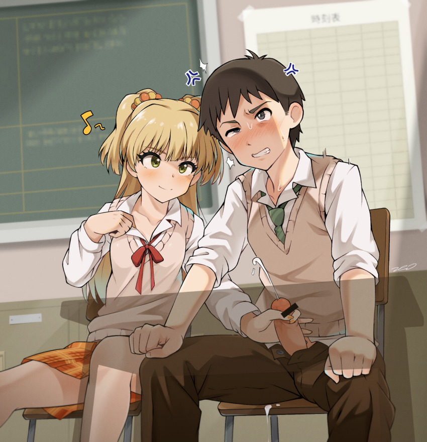 1boy 1girl anger_vein blonde_hair blush censored chair classroom cum ejaculation green_eyes handjob highres idolmaster idolmaster_cinderella_girls jougasaki_rika kim_da-yoon musical_note necktie orange_skirt pants penis school_uniform sitting skirt stealth_handjob stealth_sex sweater_vest twintails