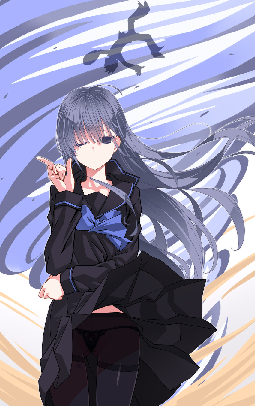 1girl absurdres clothes_lift highres kazami_nobuko long_hair looking_at_viewer one_eye_closed original oteruko_(wanabeee) panties panties_under_pantyhose pantyhose pleated_skirt purple_eyes purple_hair school_uniform serafuku skirt skirt_lift solo thighband_pantyhose tornado underwear