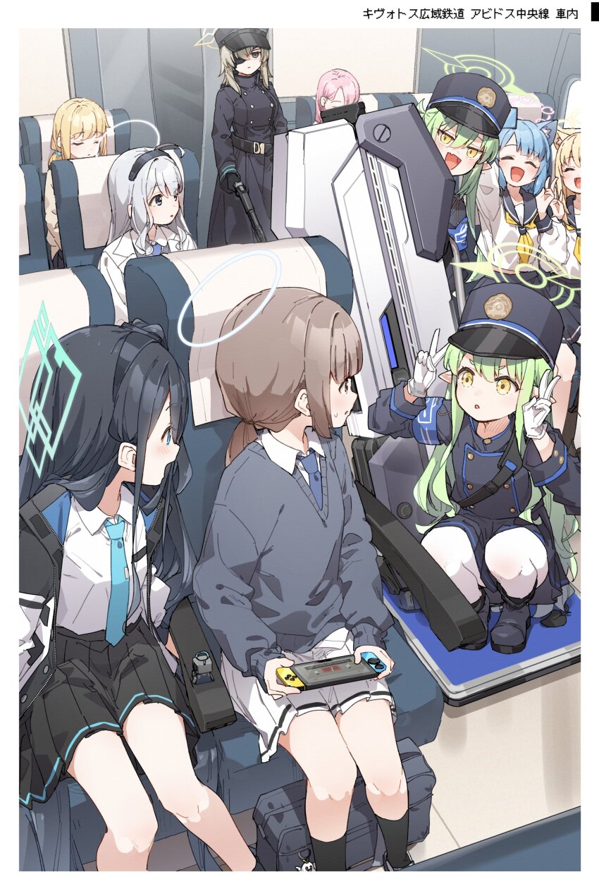 :o absurdres animal_ear_fluff animal_ears aris_(blue_archive) black_boots black_coat black_gloves black_hair black_hairband black_hat black_jacket black_shirt black_skirt black_socks blonde_hair blue_archive blue_necktie blue_vest blush boots brown_hair cat_ears cat_girl character_request closed_eyes coat double_v eyepatch fang gloves green_hair gun hair_between_eyes hairband handheld_game_console hat highlander_railway_academy_student_(blue_archive) highlander_railway_academy_student_(hg)_(blue_archive) highlander_railway_academy_student_(mg)_(blue_archive) highlander_railway_academy_student_(sg)_(blue_archive) highres hikari_(blue_archive) holding holding_gun holding_handheld_game_console holding_weapon jacket long_hair looking_at_another mossberg_500 necktie nozomi_(blue_archive) one_side_up open_mouth pantyhose peaked_cap pointy_ears ponytail pump_action shirt shotgun sidelocks skin_fang skirt socks squatting suou_(blue_archive) v vest weapon white_hair white_pantyhose white_shirt white_skirt yellow_eyes yukie_(kusaka_shi)