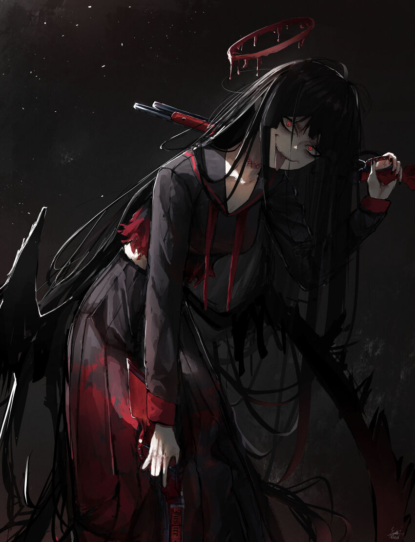 1girl absurdres bent_over black_sailor_collar black_shirt black_skirt black_wings blood blood_on_clothes blue_archive blunt_bangs evil_smile feathered_wings gun hair_between_eyes highres holding holding_gun holding_weapon kyatto-mikazu lever_action long_hair looking_at_viewer red_eyes red_ribbon ribbon sailor_collar shaded_face shirt shotgun sidelocks skirt smile tongue tongue_out tsurugi_(blue_archive) weapon winchester_model_1887 wings