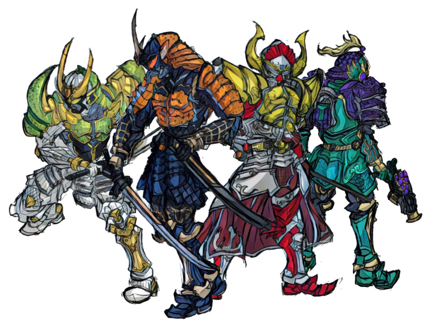 4boys armor banana banana_arms bell belt blue_footwear bodysuit budou_arms commentary_request food fruit grapes green_armor green_footwear gun handgun highres horns kamen_rider kamen_rider_baron kamen_rider_gaim kamen_rider_gaim_(series) kamen_rider_ryugen kamen_rider_zangetsu lance long_coat male_focus mask melon melon_arms multiple_boys musou_saber nakaba_den orange_armor orange_arms orange_theme pistol polearm purple_armor purple_eyes red_footwear samurai sheath sheathed shield stylistic sword unsheathing weapon white_background white_bodysuit white_footwear yellow_armor yellow_eyes yellow_horns