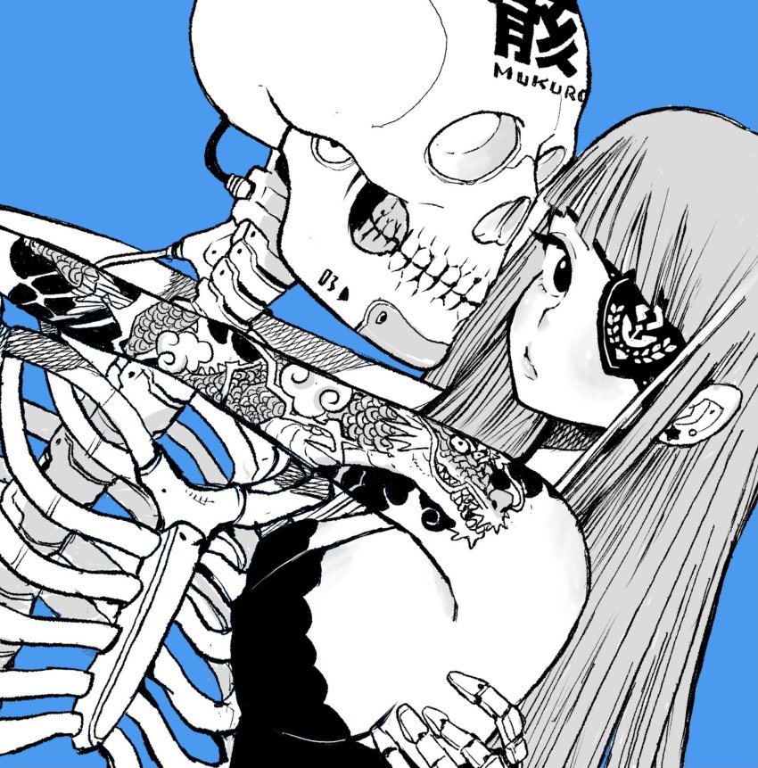 blue_background breasts cable dragon_tattoo ear_piercing eyepatch highres large_breasts mukuro piercing simple_background skeleton skull tattoo
