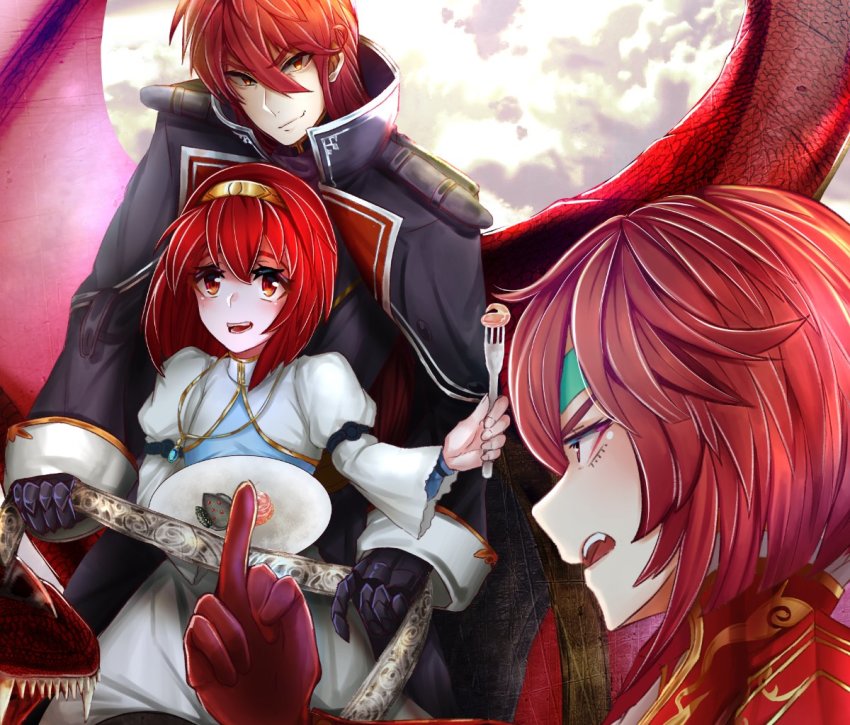 1boy 2girls armor artist_request blush brother_and_sister cape fire_emblem fire_emblem:_mystery_of_the_emblem fire_emblem_heroes gloves headband long_hair male_focus maria_(fire_emblem) minerva_(fire_emblem) misheil_(fire_emblem) multiple_girls nintendo open_mouth red_eyes red_hair short_hair siblings sisters smile weapon