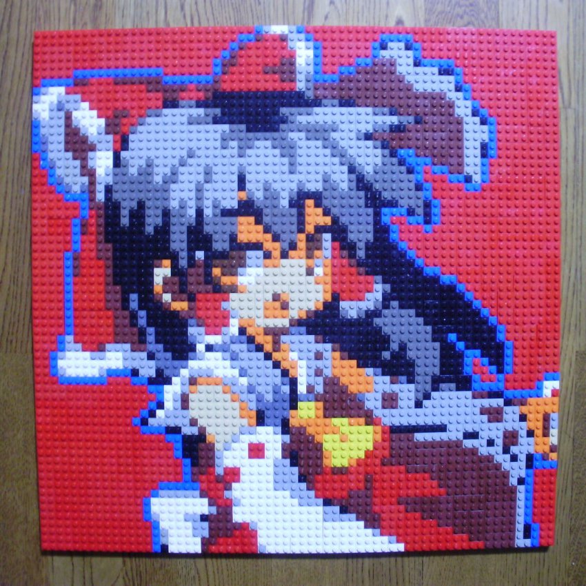 1girl black_hair brown_hair female_focus hair_ribbon hair_tubes hakurei_reimu highres lego lego_(medium) open_mouth photo_(medium) pixel_art portrait real_life ribbon solo table touhou unconventional_media you_rei_(blowback)