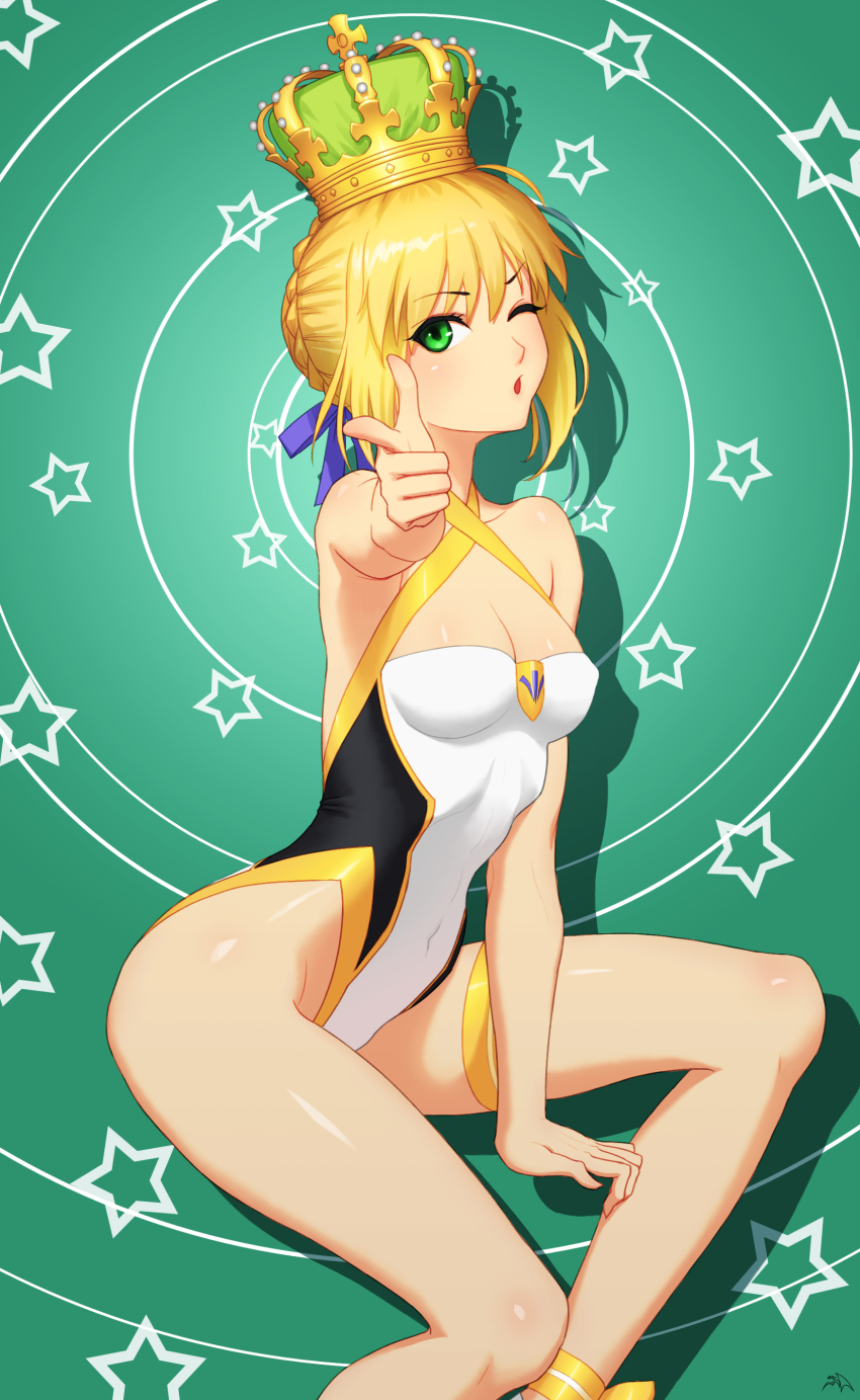 1girl ;o absurdres ahoge ankle_ribbon artoria_pendragon_(fate) artoria_pendragon_(swimsuit_archer)_(fate) artoria_pendragon_(swimsuit_archer)_(third_ascension)_(fate) blonde_hair braid breasts cleavage covered_navel criss-cross_halter crown darkmuleth fate/grand_order fate_(series) female_focus green_background green_crown green_eyes hair_bun halterneck highleg highleg_one-piece_swimsuit highres invisible_chair leg_ribbon looking_at_viewer medium_breasts one-piece_swimsuit one_eye_closed pointing pointing_at_viewer ribbon single_hair_bun sitting solo swimsuit target thigh_strap