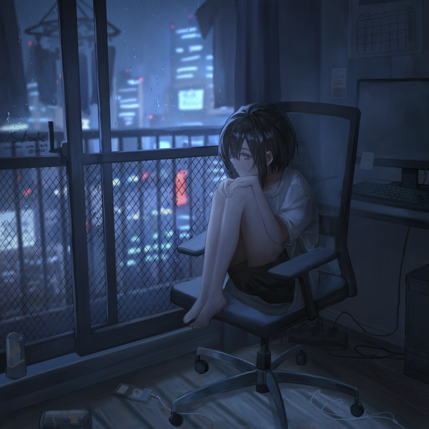 1girl artist_name barefoot black_hair blurry blurry_background cable can catzz chair city_lights closed_mouth clothes_hanger clothes_writing commentary computer computer_keyboard computer_tower curtains digital_media_player earbuds earphones english_commentary full_body hands_on_own_knees hands_up highres indoors knees_up medium_hair monitor night original ringed_eyes scenery shirt short_sleeves shorts sitting solo swivel_chair t-shirt toes water_on_glass window