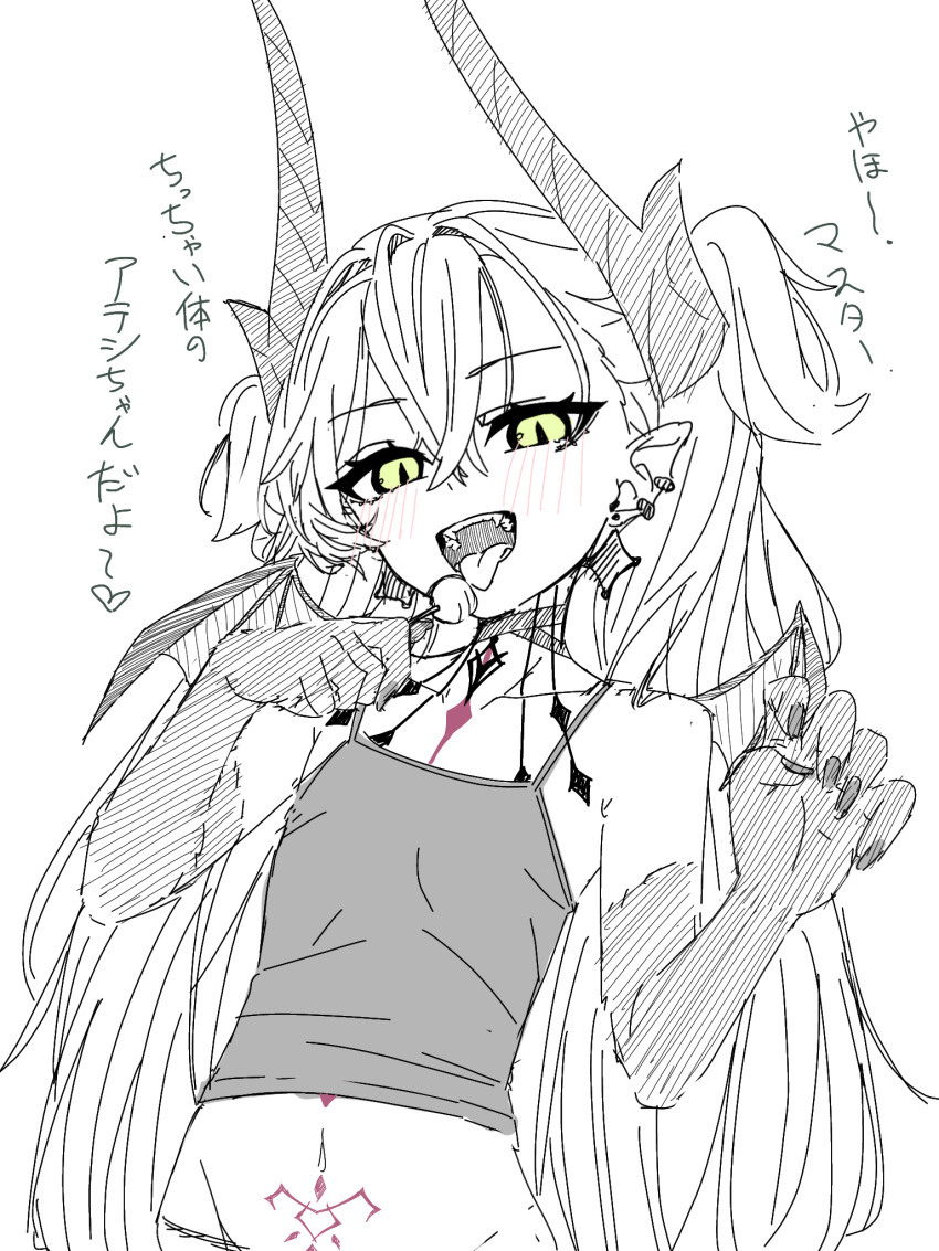 1girl aged_down bare_shoulders black_hands body_markings breasts camisole candy choker colored_extremities crossed_bangs demon_girl demon_horns demon_wings earrings fate/grand_order fate_(series) food green_eyes greyscale hair_between_eyes highres horns jewelry lilith_(fate) lilith_(third_ascension)_(fate) lollipop long_hair looking_at_viewer monochrome navel niwaikanai open_mouth panties pointy_ears small_breasts spot_color stomach_tattoo tattoo tongue tongue_out translation_request underwear very_long_hair wings