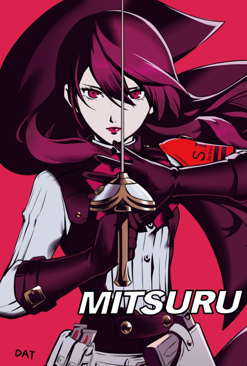 1girl armband artist_name belt black_gloves black_skirt black_vest bow bowtie capelet character_name closed_mouth commentary da-cart evoker fighting_stance floating_cape floating_hair gloves hair_between_eyes highres holding holding_sword holding_weapon kirijou_mitsuru lips long_hair long_sleeves looking_at_viewer persona persona_3 persona_3_reload rapier red_armband red_background red_bow red_bowtie red_capelet red_eyes red_hair red_lips s.e.e.s shirt skirt solo sword upper_body vest weapon white_shirt