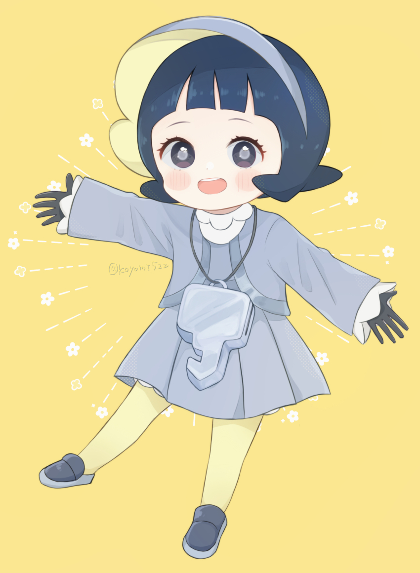 1girl :d black_hair blush bright_pupils commentary_request eyelashes flower_symbol full_body gloves happy highres jacket koyomi522 looking_at_viewer nintendo open_clothes open_jacket open_mouth outstretched_arms pantyhose pokemon pokemon_sv poppy_(pokemon) shoes short_hair smile solo teeth twitter_username upper_teeth_only yellow_background yellow_pantyhose