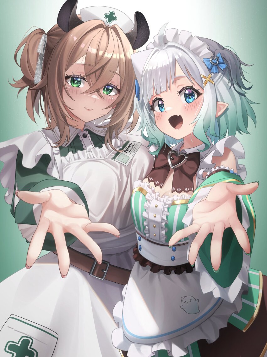 2girls absurdres animal_ears apron aqua_dress aqua_hair aqua_sleeves belt blue_bow blue_eyes blunt_bangs blush bow bowtie breasts brooch brown_belt brown_bow brown_bowtie brown_hair cleavage closed_mouth detached_sleeves dress fang frilled_apron frills ghostenjoyerguy7007 gradient_hair green_background green_dress green_hair hair_between_eyes hair_bow hair_ornament hat heart heart_brooch highres indie_virtual_youtuber jewelry large_breasts long_sleeves looking_at_viewer maid maid_headdress medium_breasts medium_hair mint_fantome mint_fantome_(minto_2.0) multicolored_hair multiple_girls name_tag nimi_nightmare nurse_cap one_side_up open_mouth outstretched_hand pointy_ears reaching reaching_towards_viewer skin_fang smile standing tapir_ears tapir_girl triangular_headpiece virtual_youtuber white_apron white_hair white_hat white_headdress x_hair_ornament