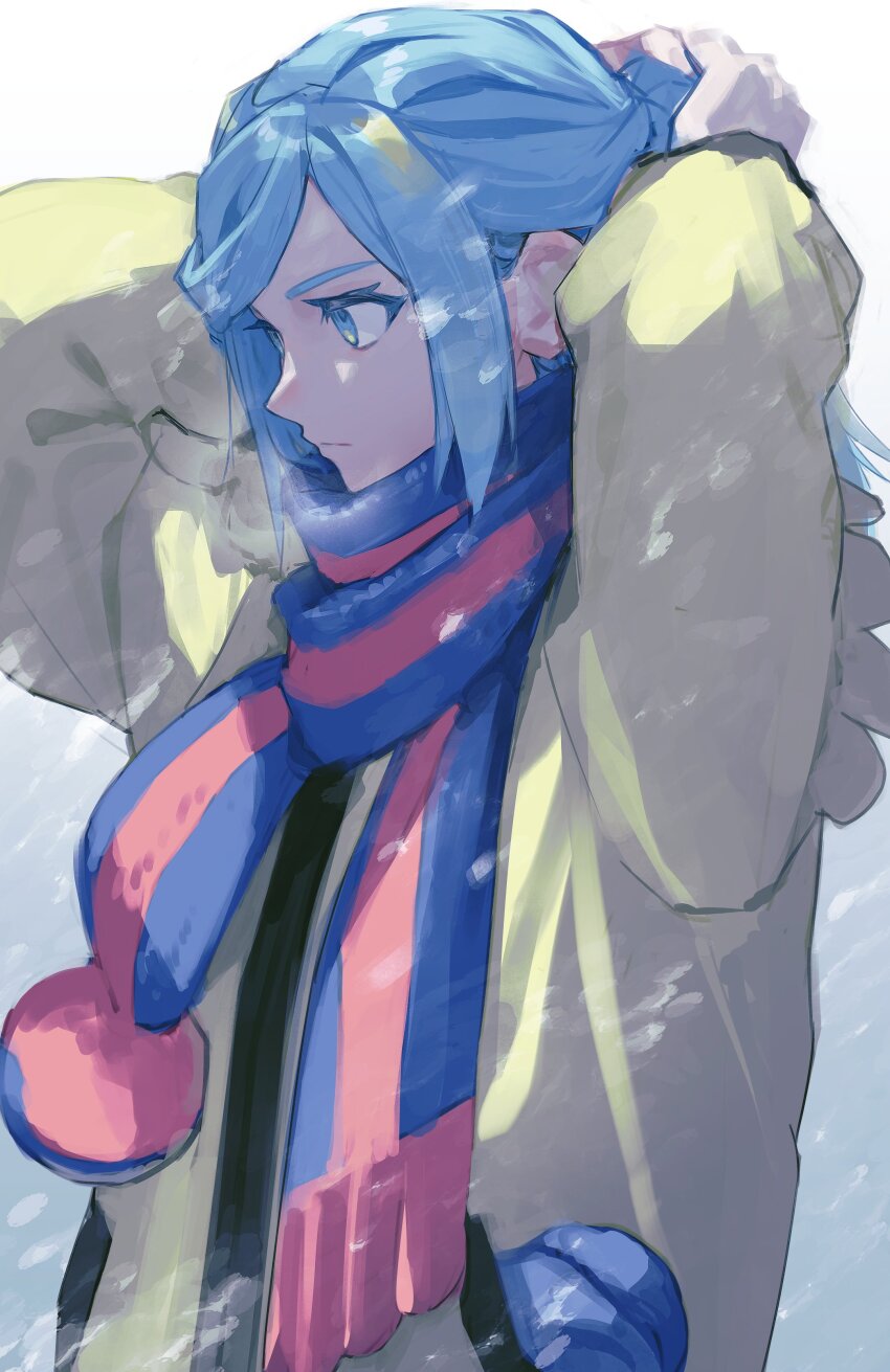 1boy 2gou absurdres adjusting_hair arms_up blue_eyes blue_hair breath closed_mouth commentary_request grusha_(pokemon) highres jacket long_sleeves male_focus nintendo pokemon pokemon_sv scarf snowing solo two-tone_scarf upper_body yellow_jacket