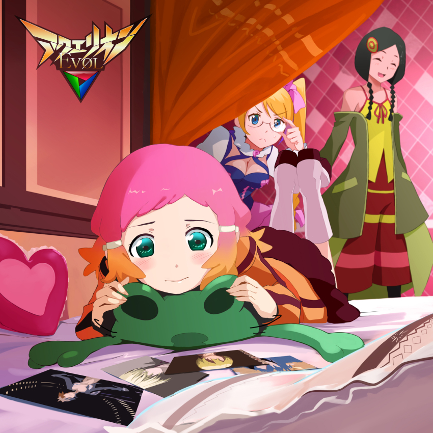 10s 3girls adjusting_eyewear aquarion_(series) aquarion_evol bed black_hair blonde_hair blue_eyes bow braid detached_sleeves elrowa closed_eyes glasses gradient_hair green_eyes hair_bow hair_ornament hair_ribbon highres jin_musou long_hair lying mix_(aquarion) multicolored_hair multiple_girls on_stomach open_mouth photo_(object) ribbon sazanka_bianca short_hair side_ponytail smile twin_braids yunoha_thrul