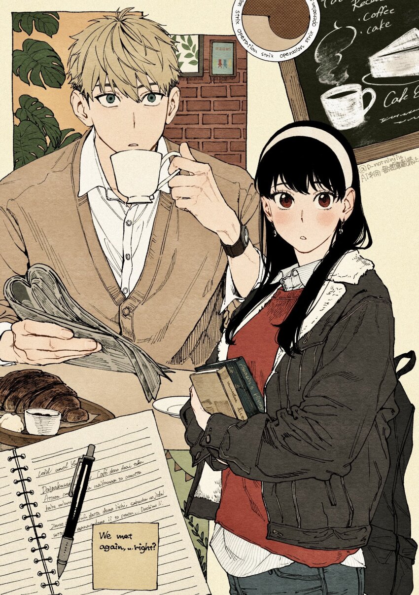 1boy 1girl backpack bag black_bag black_hair black_jacket blonde_hair blue_eyes blush book bread brick_wall brown_cardigan cardigan chalkboard collared_shirt commentary cup dress_shirt earrings english_text food hair_over_shoulder hairband highres holding holding_book holding_cup holding_newspaper husband_and_wife jacket jewelry leaf long_hair looking_at_viewer newspaper notebook open_clothes open_jacket p_notninjin parted_lips pen picture_frame plate red_eyes red_sweater shirt short_hair simple_background sitting spy_x_family standing sticky_note sweater symbol-only_commentary twilight_(spy_x_family) twitter_username untucked_shirt watch white_hairband white_shirt yor_briar