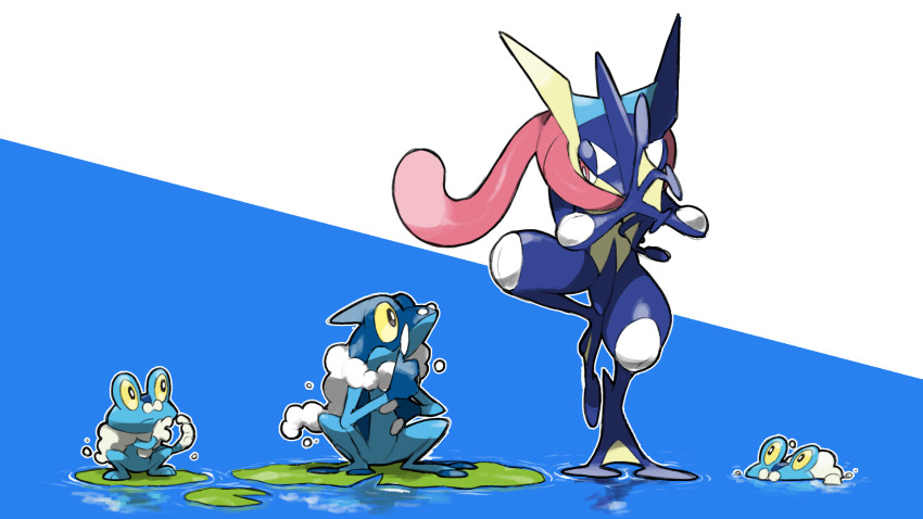 blacknirrow blue_background bright_pupils closed_mouth creatures_(company) froakie frogadier game_freak gen_6_pokemon greninja highres lily_pad long_tongue looking_at_another nintendo no_humans outline partially_submerged pink_eyes pokemon pokemon_(creature) pokemon_focus simple_background standing standing_on_one_leg tongue tongue_scarf two-tone_background water white_background white_outline white_pupils