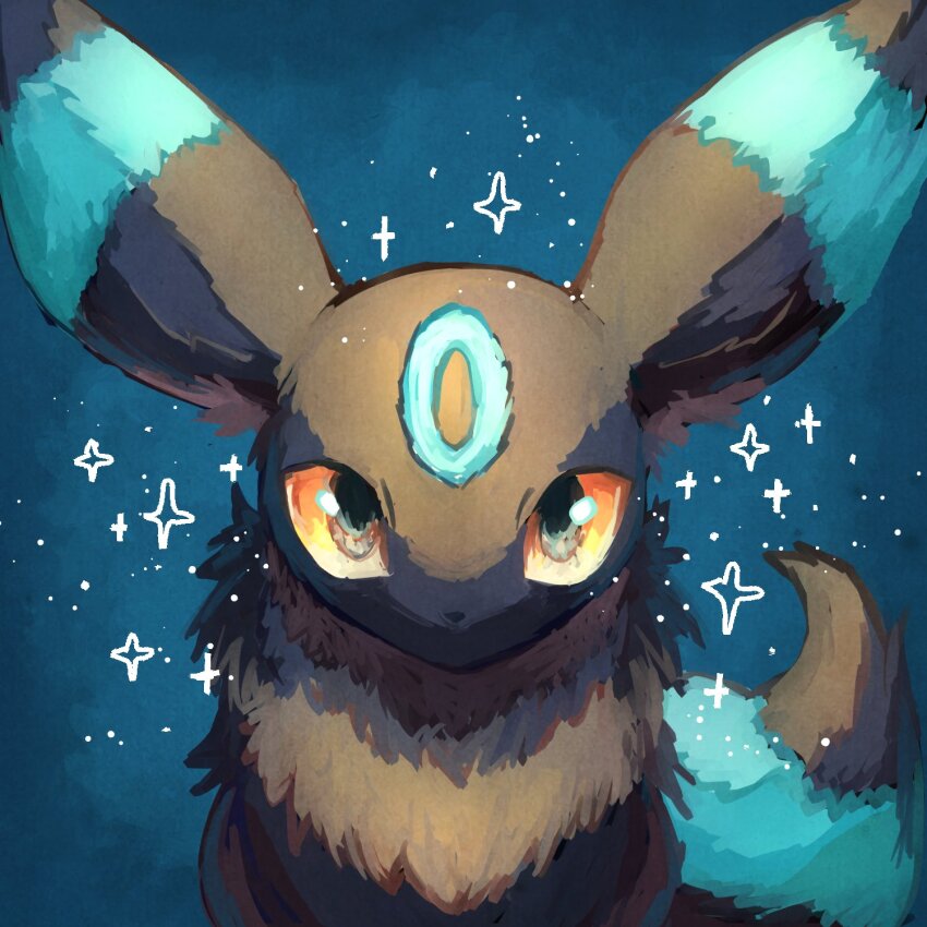 7_phi_3 alternate_color black_eyes black_fur blue_background blue_fur close-up colored_sclera commentary_request dark_background gen_2_pokemon highres nintendo no_humans official_alternate_costume pokemon pokemon_(creature) shiny_pokemon solo sparkle two-tone_fur umbreon yellow_sclera