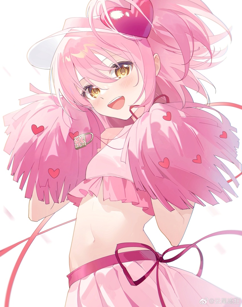 1girl absurdres amulet_heart bare_arms bare_shoulders blush cheerleader cowboy_shot crop_top dot_nose eyelashes floating_clothes floating_hair frilled_shirt frills hair_between_eyes hair_ornament happy hat heart heart_hair_ornament highres hinamori_amu holding holding_pom_poms humpty_lock_(shugo_chara!) long_hair looking_at_viewer magical_girl midriff miniskirt navel one_side_up open_mouth petals pink_hair pink_shirt pink_skirt pleated_skirt pom_pom_(cheerleading) pom_poms red_ribbon ribbon shirt shugo_chara! sideways_hat simple_background skirt skirt_set smile solo teeth upper_teeth_only visor_cap waist_ribbon watermark weibo_watermark white_background white_hat yellow_eyes yunweishukuang