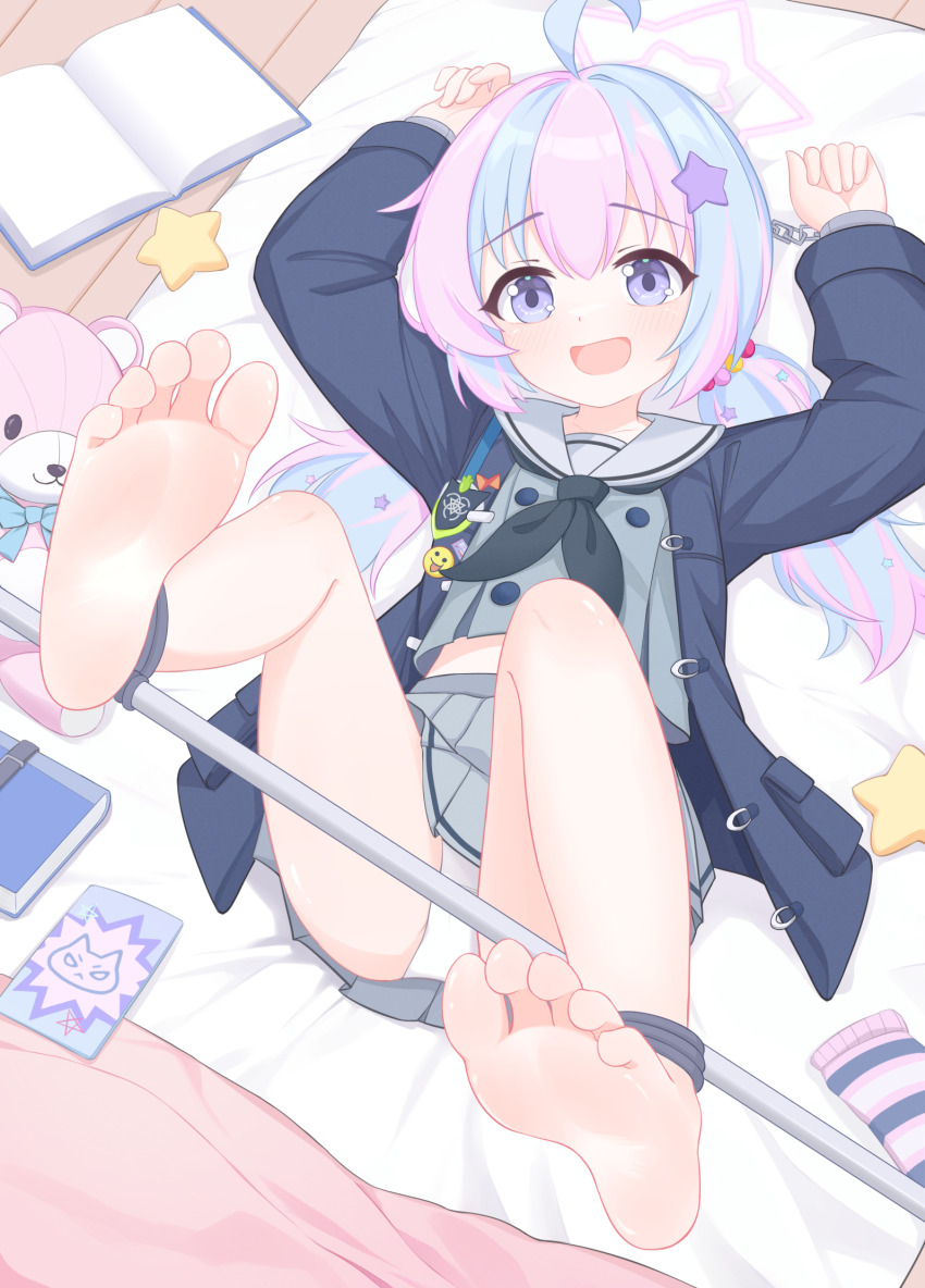 1girl arms_up barefoot black_neckerchief blue_archive blue_coat blue_hair chinese_commentary coat commentary_request cropped_shirt eugenecolin full_body grey_shirt grey_skirt hair_ornament halo highres indoors large_variant_set legs_up loli long_sleeves lying midriff_peek miniskirt neckerchief on_back open_clothes open_coat open_mouth panties pink_hair pink_halo pleated_skirt purple_eyes reisa_(blue_archive) restrained sailor_collar shirt skirt socks soles solo spreader_bar star_(symbol) star_hair_ornament star_halo striped_clothes striped_socks stuffed_animal stuffed_toy teddy_bear toes twintails underwear unworn_socks variant_set white_panties white_sailor_collar