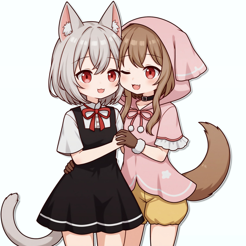 2girls :3 animal_ears animal_hood blush brown_hair cat_ears cat_girl cat_tail collar dress fang fur-trimmed_gloves fur_trim gloves grey_hair highres holding_hands hood hood_up multiple_girls neck_ribbon open_mouth ouka_miko pinafore_dress red_eyes ribbon sayo_(voicevox) short_hair short_hair_with_long_locks short_sleeves shorts sleeveless sleeveless_dress suuchi_maigo_(nan) tail utau voicevox wolf_girl wolf_tail