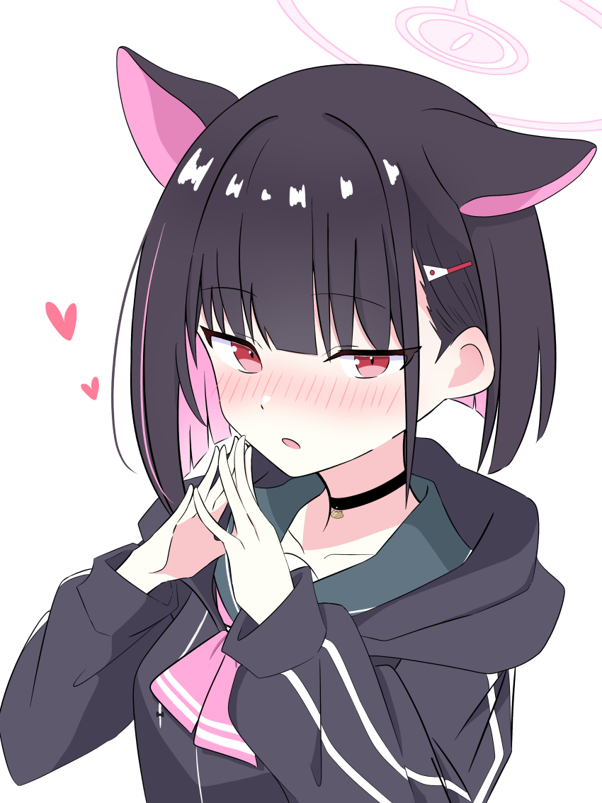 1girl absurdres animal_ears black_choker black_hair black_jacket blue_archive blush cat_choker cat_ears choker collarbone colored_inner_hair commentary_request dress green_sailor_collar hair_ornament hairclip hayoo_ww heart highres hood hooded_jacket jacket kazusa_(blue_archive) long_sleeves looking_at_viewer medium_hair multicolored_hair neckerchief nose_blush open_mouth pink_hair pink_neckerchief red_eyes sailor_collar sidelocks simple_background solo upper_body white_background