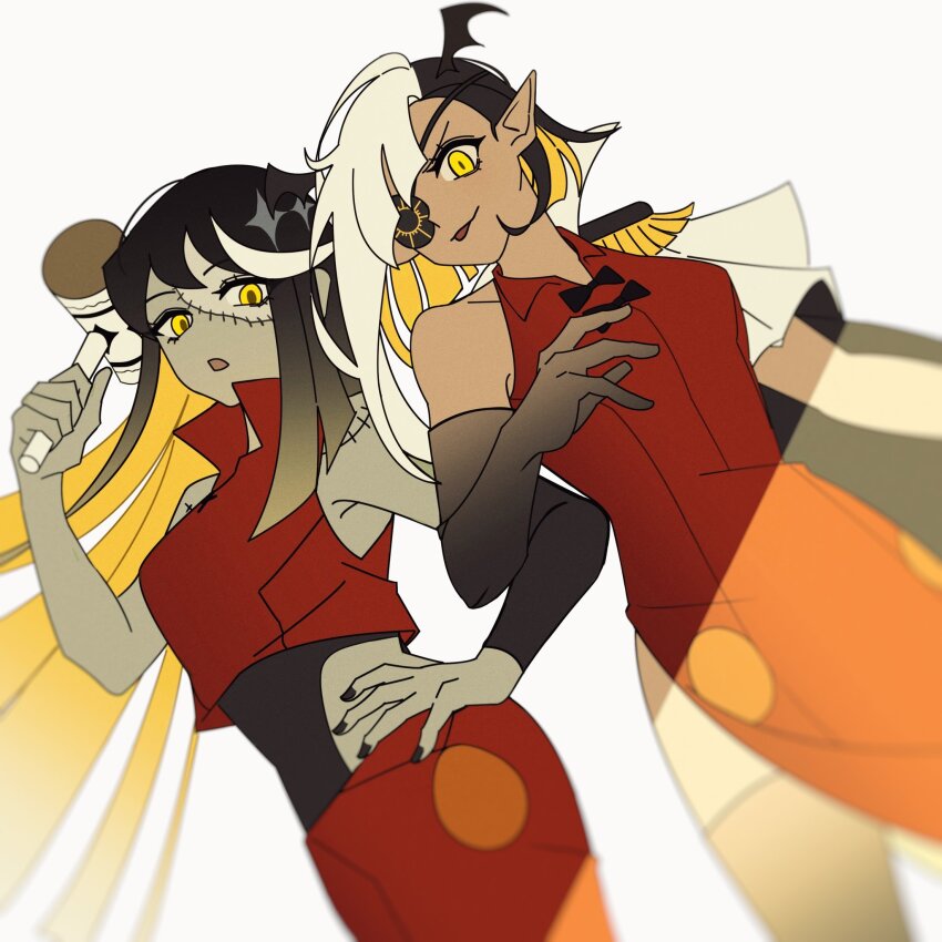 2girls ado_(utaite) black_gloves black_hair black_nails commentary dress elbow_gloves eyepatch gloves hand_on_own_hip highres holding holding_mallet long_hair lugosi_(ado) mallet multiple_girls nail_polish orange_dress pike_(azas_ef) pointy_ears romero_(ado) show_(ado) white_hair yellow_eyes