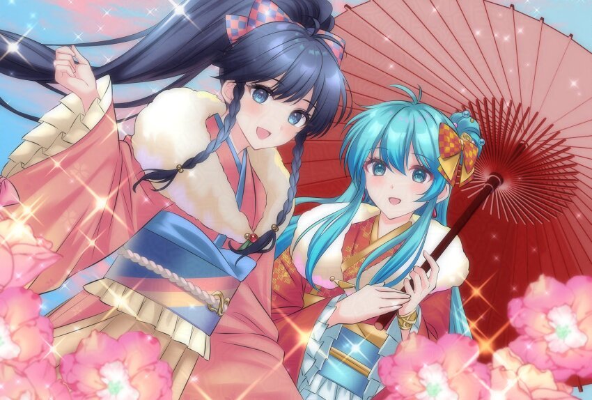 2girls :d alternate_costume aqua_eyes aqua_hair blue_eyes blue_hair bow braid earrings eirika_(fire_emblem) fire_emblem fire_emblem:_the_sacred_stones fire_emblem_heroes hair_between_eyes hair_bow hair_bun hair_ornament highres holding holding_umbrella japanese_clothes jewelry kakiko210 kimono long_hair long_sleeves looking_at_viewer multiple_girls nintendo official_alternate_costume oil-paper_umbrella open_mouth ponytail sidelocks smile tana_(fire_emblem) tana_(new_year)_(fire_emblem) twin_braids umbrella upper_body very_long_hair wide_sleeves