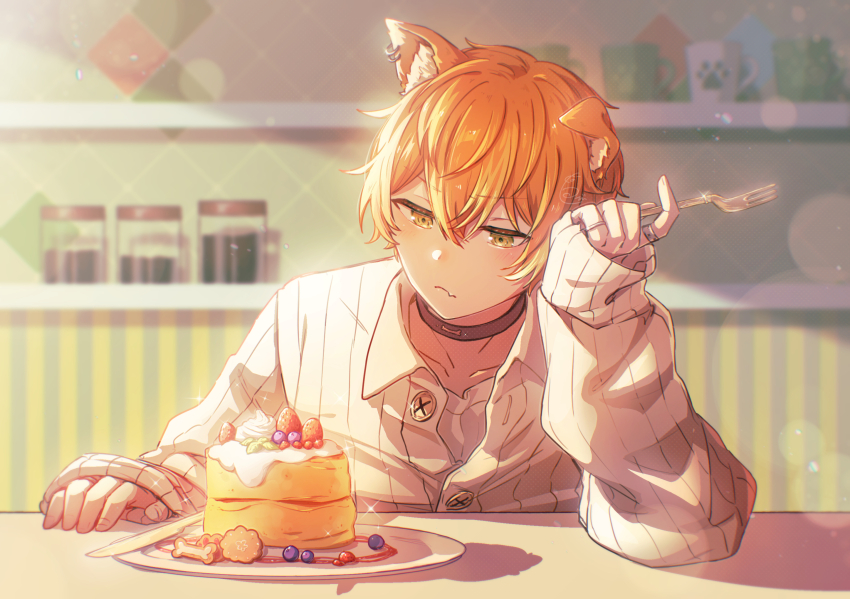 1boy animal_ear_fluff animal_ear_piercing animal_ears black_choker blueberry buttons cafe choker commentary cup dog_ears ear_piercing earrings elbow_on_table folded_ear food fork fruit hair_between_eyes hand_on_table highres holding holding_fork indoors jewelry kemonomimi_mode long_sleeves looking_at_food male_focus mug multiple_rings natsuden open_clothes open_shirt orange_hair pancake pancake_stack paw_print piercing plate project_sekai raspberry ring shelf shinonome_akito shirt sitting sleeves_past_wrists solo sparkle striped_clothes table undershirt vertical-striped_clothes white_shirt wing_collar yellow_eyes