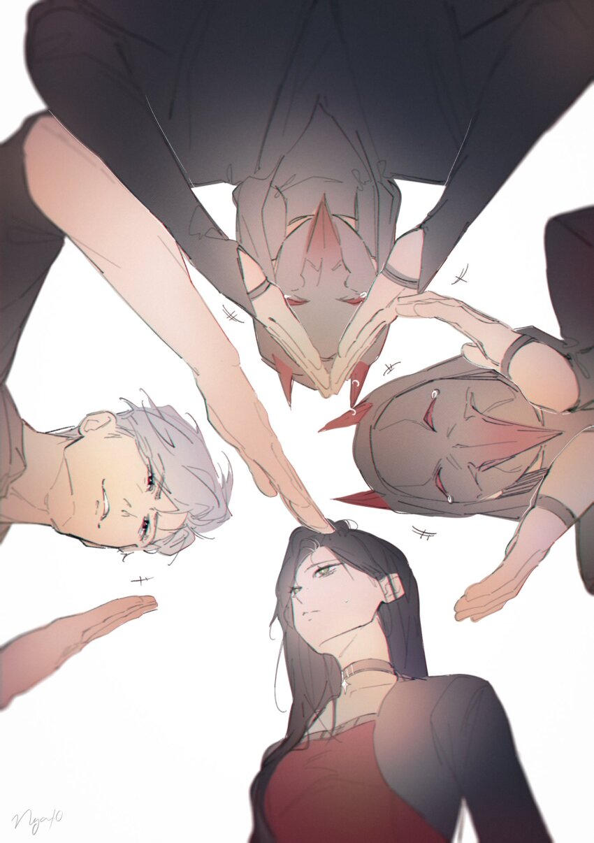 1girl 3boys bird bird_mask blank_stare brown_hair choker closed_mouth green_eyes grin heart_hands_failure highres hood hood_up kieran_(love_and_deepspace) laughing long_hair long_sleeves love_and_deepspace luke_(love_and_deepspace) mask multiple_boys ng_ai0 parted_bangs protagonist_(love_and_deepspace) red_eyes short_hair smile sylus_(love_and_deepspace) upper_body white_background white_hair