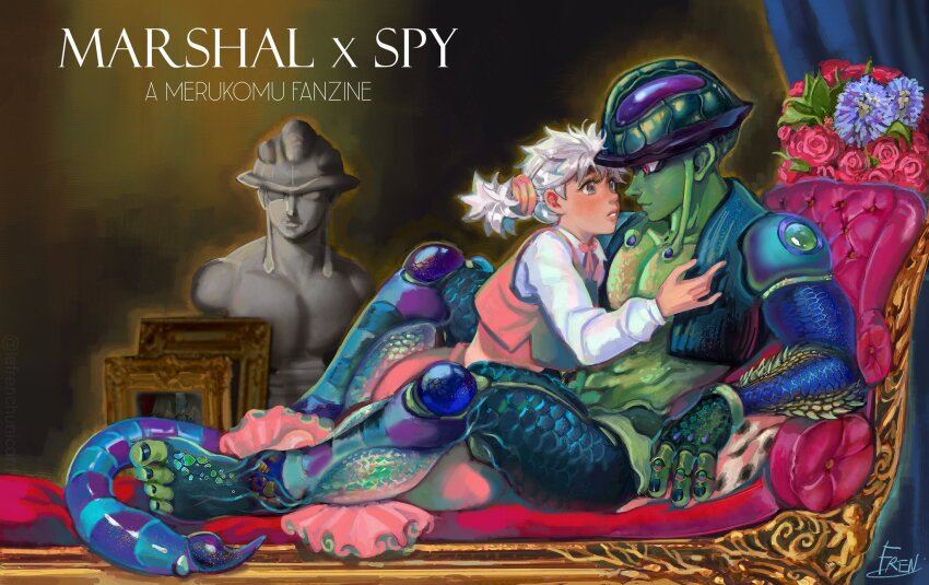 1boy 1girl abs arthropod_boy barefoot black_nails bust_(sculpture) colored_skin curtains fewer_digits flower french-unicorn green_skin highres hunter_x_hunter komugi_(hunter_x_hunter) leaf long_earlobes long_sleeves meruem midriff parted_lips pink_skirt purple_eyes purple_flower red_flower signature skirt stinger throne twintails white_hair