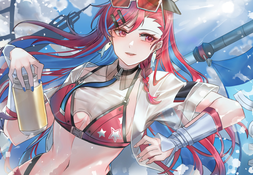 1girl absurdres asymmetrical_bangs banner black_choker blue_hair bra breasts can choker cloud colored_inner_hair earrings fish_earrings hair_ornament hairclip highleg highleg_panties highres holding holding_can mochigana multicolored_hair navel panties polearm punishing:_gray_raven red_bra red_eyes red_hair see-through_clothes shirt short_sleeves small_breasts solo streaked_hair underwear vera:_garnet_(wavebender)_(pgr) vera_(pgr) weapon