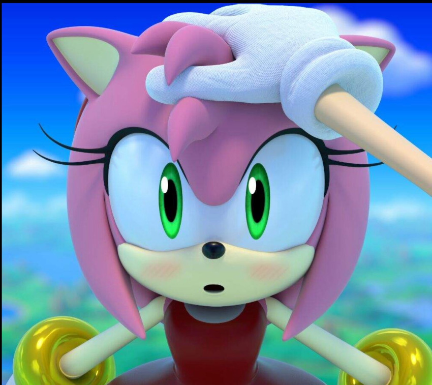 1boy 1girl 3d :o amy_rose blush colored_skin dress eyelashes furry gloves green_eyes hairband hand_on_another&#039;s_head headpat highres jewelry long_eyelashes looking_at_viewer pink_fur pink_hair pink_skin pov red_dress red_hairband sega solo_focus sonic_(series) sonic_the_hedgehog white_gloves